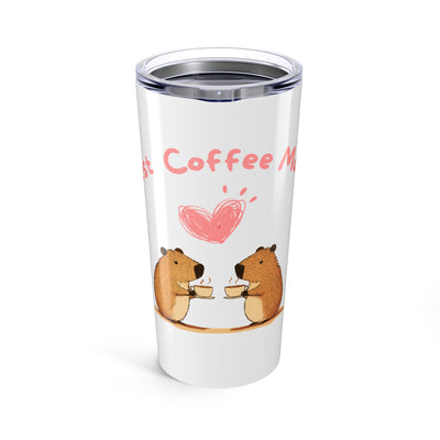 20oz tumbler with cartoon beavers drinking coffee and heart-shaped text