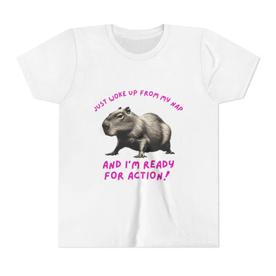 White t-shirt with a capybara image and text "Just Woke Up From My Nap, And I'm Ready for Action!