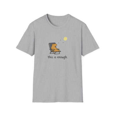 Gray t-shirt with a graphic of a capybara watching the moon in a chair and 'this is enough' text on a white background