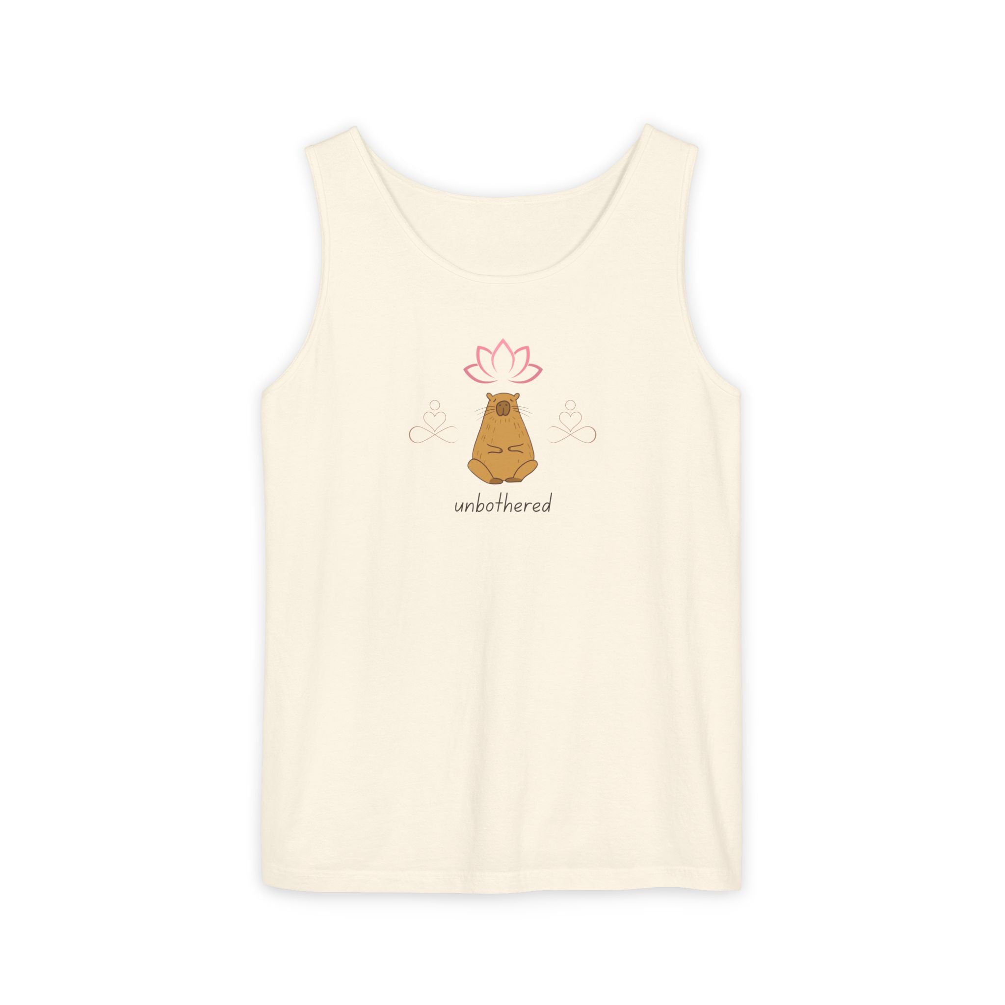 Beige tank top with a capybara and flower design on a white background