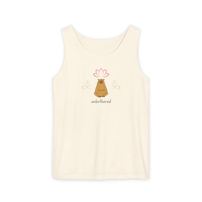 Beige tank top with a capybara and flower design on a white background