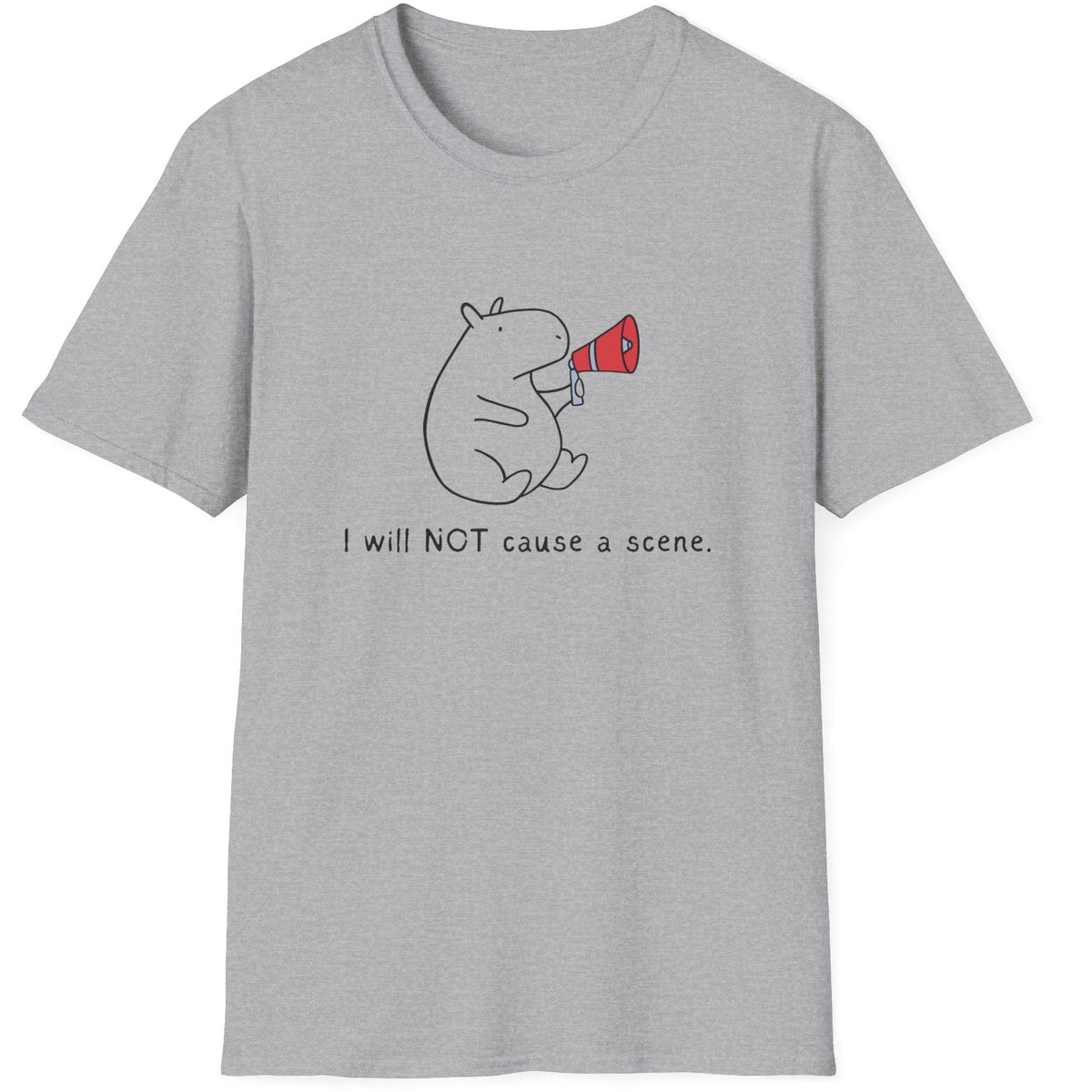 Gray t-shirt with a hand drawn capybara holding a megaphone and humorous text on a white background