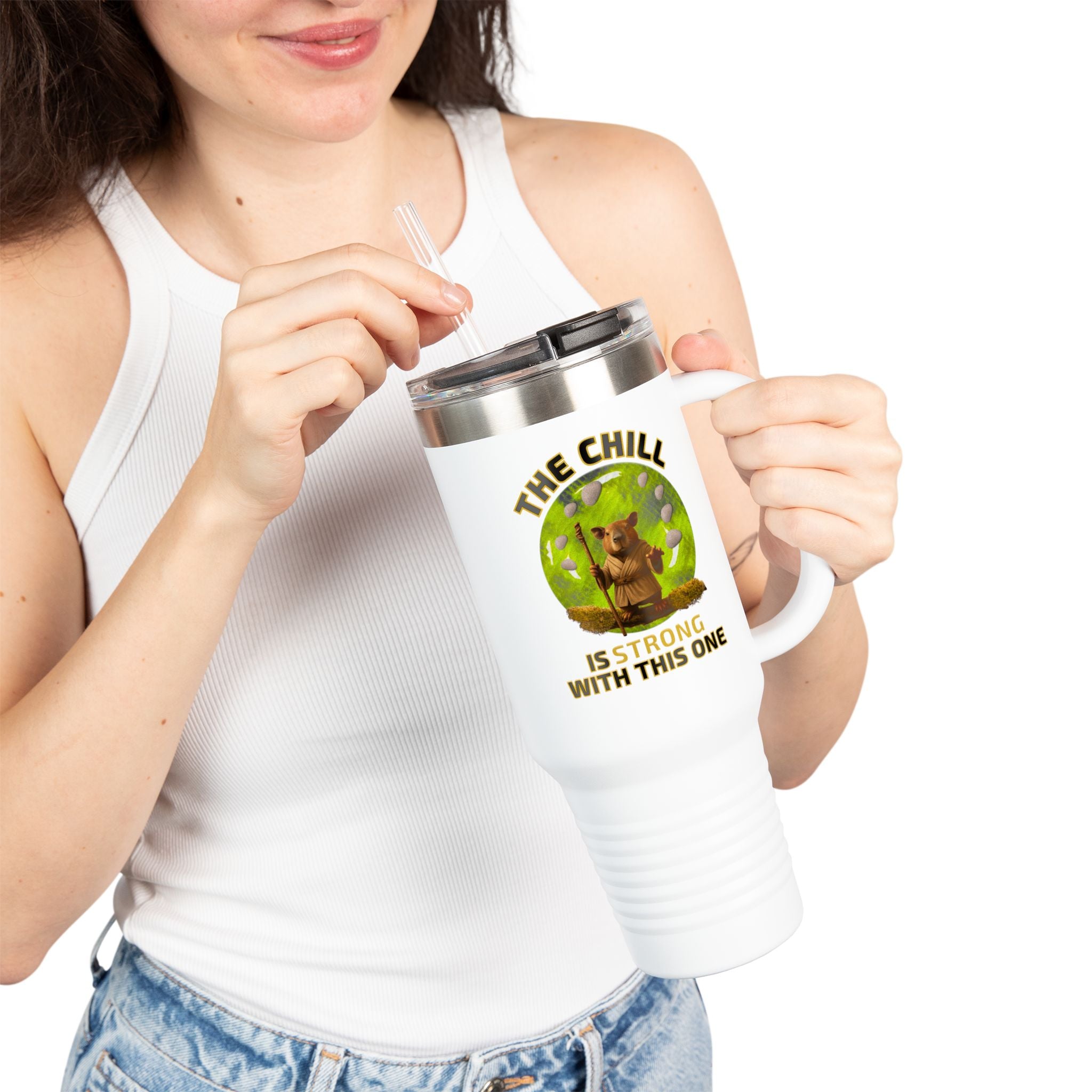 Star Wars Travel Mug – The Chill Is Strong With This One – Funny Capybara Parody – Insulated Coffee Tumbler – Sci-Fi Gift for Nerds and Geeks