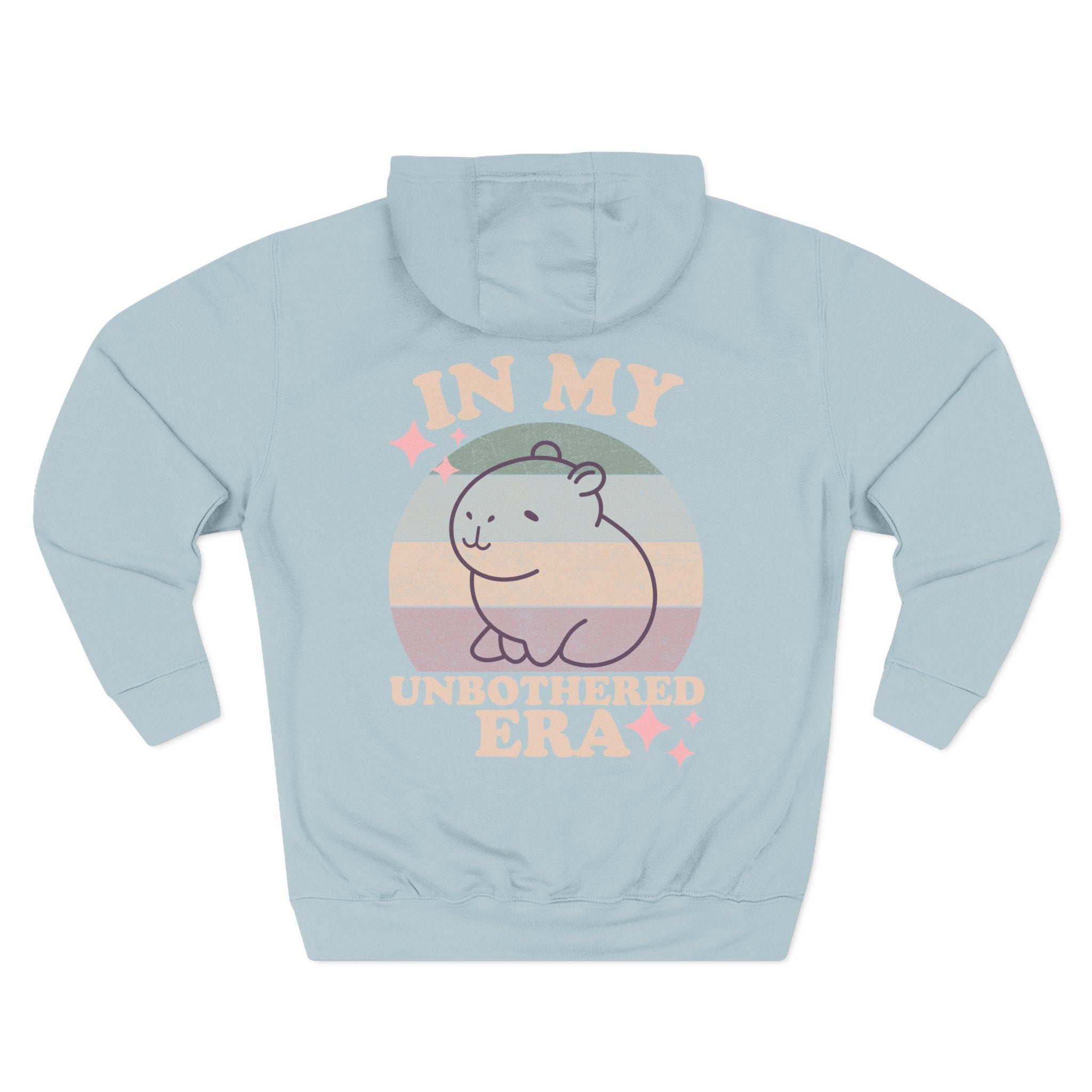 In My Unbothered Era Hoodie – Capybara Front Logo + Retro Sun Back Print – Premium Lane Seven Fleece Hoodie