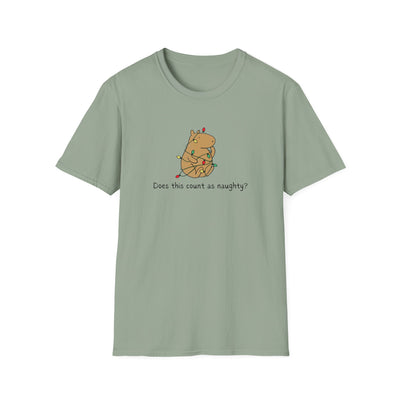 Sage  t-shirt with a capybara tangled in christmas lights and the humorous phrase "Does this count as naughty?"