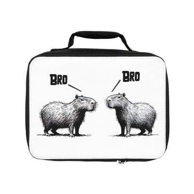 Personalized lunchbox with black and white illustration of two capybaras and the text "Bro Bro", suitable for boys and girls.