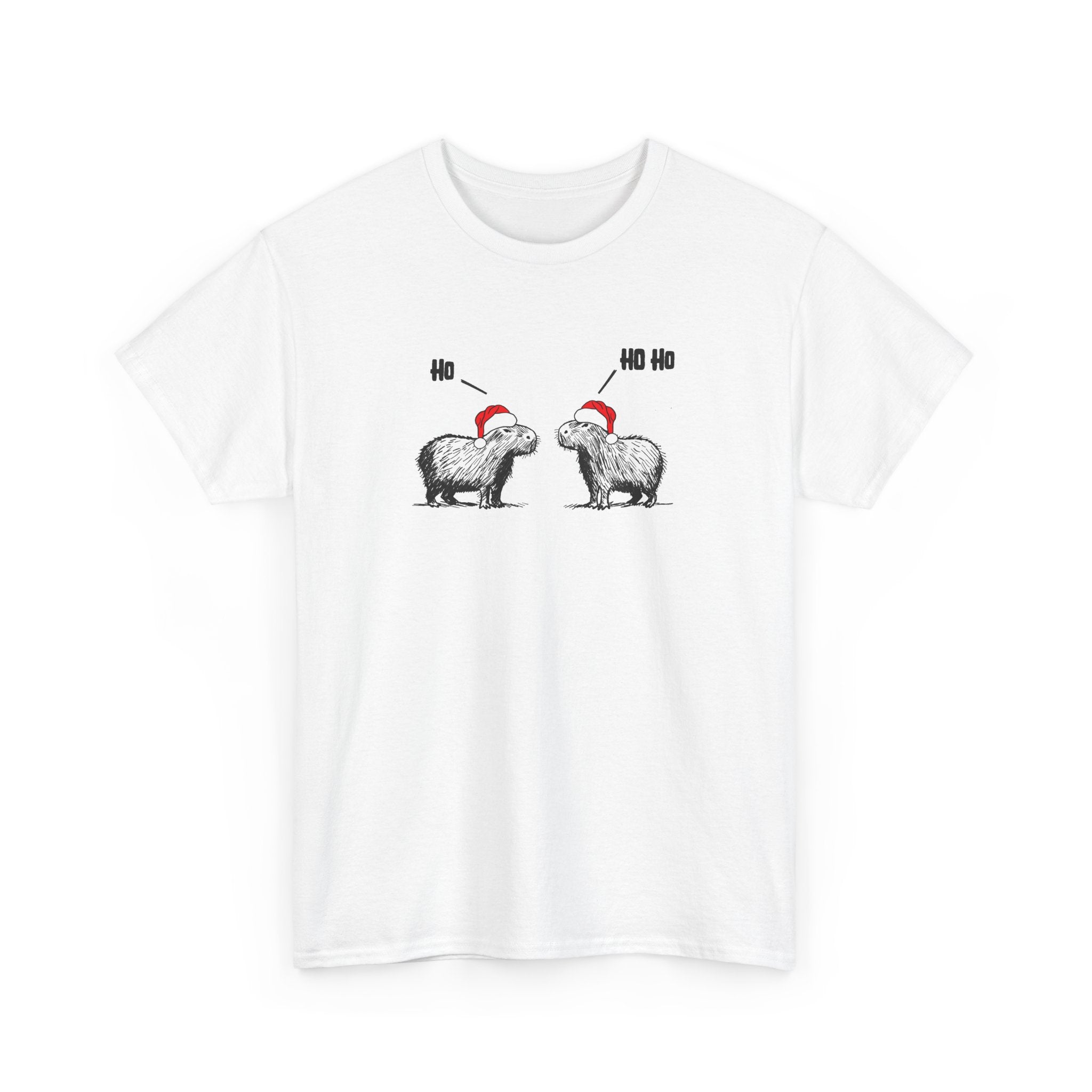 A white short-sleeve crewneck t-shirt featuring a graphic of two fluffy capybara wearing red Santa hats, with 'Ho Ho Ho' text above them, displayed on a clean white background.