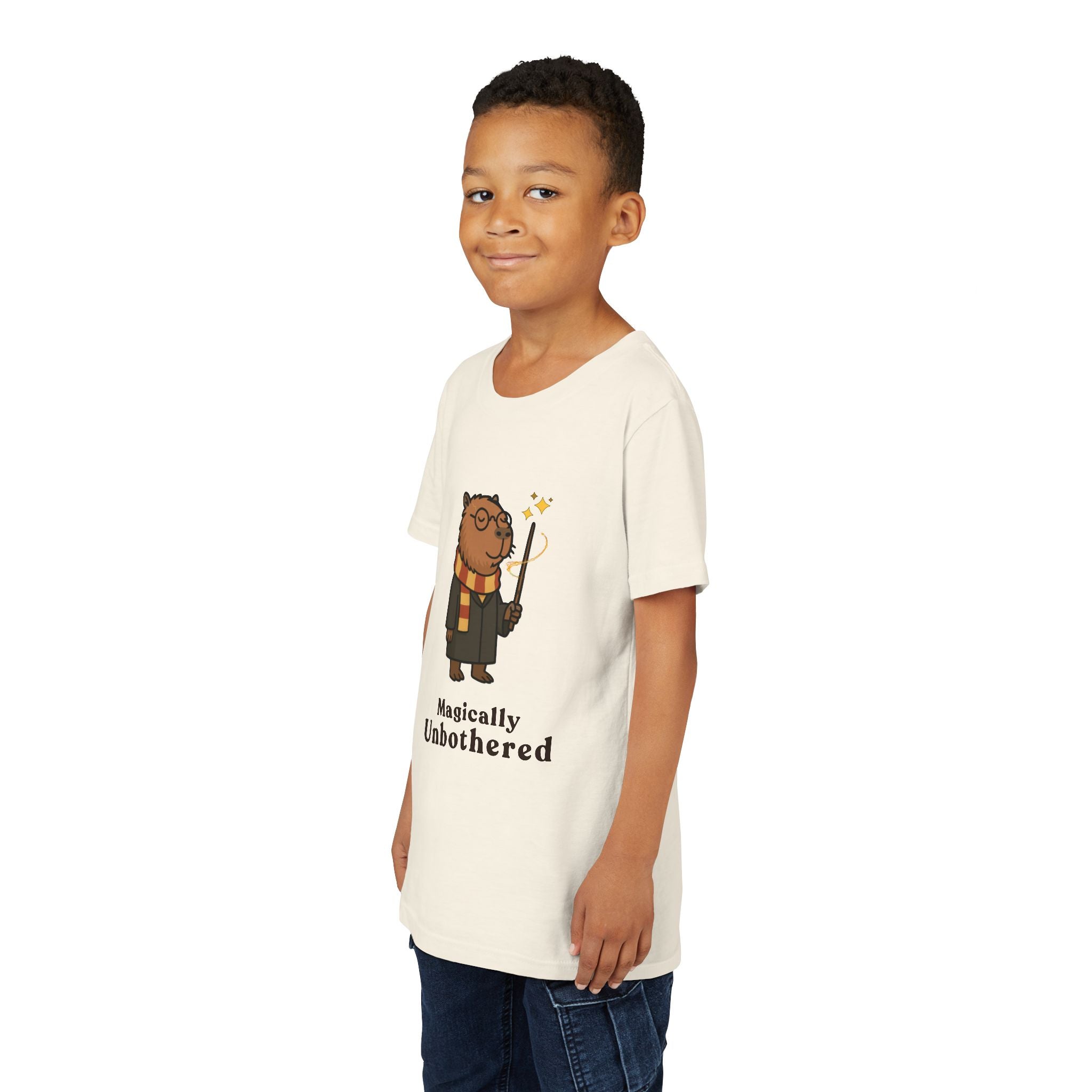 Magically Unbothered Kids Shirt | Chill Wizard Capybara Graphic Youth Tee