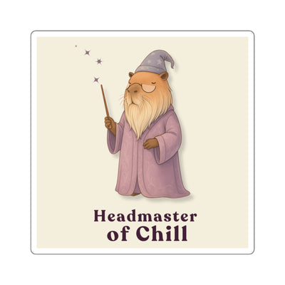 Whimsical illustration of a bearded, wizardly capybara wearing a starry hat, holding a magic wand - "Headmaster of Chill" text overlay.