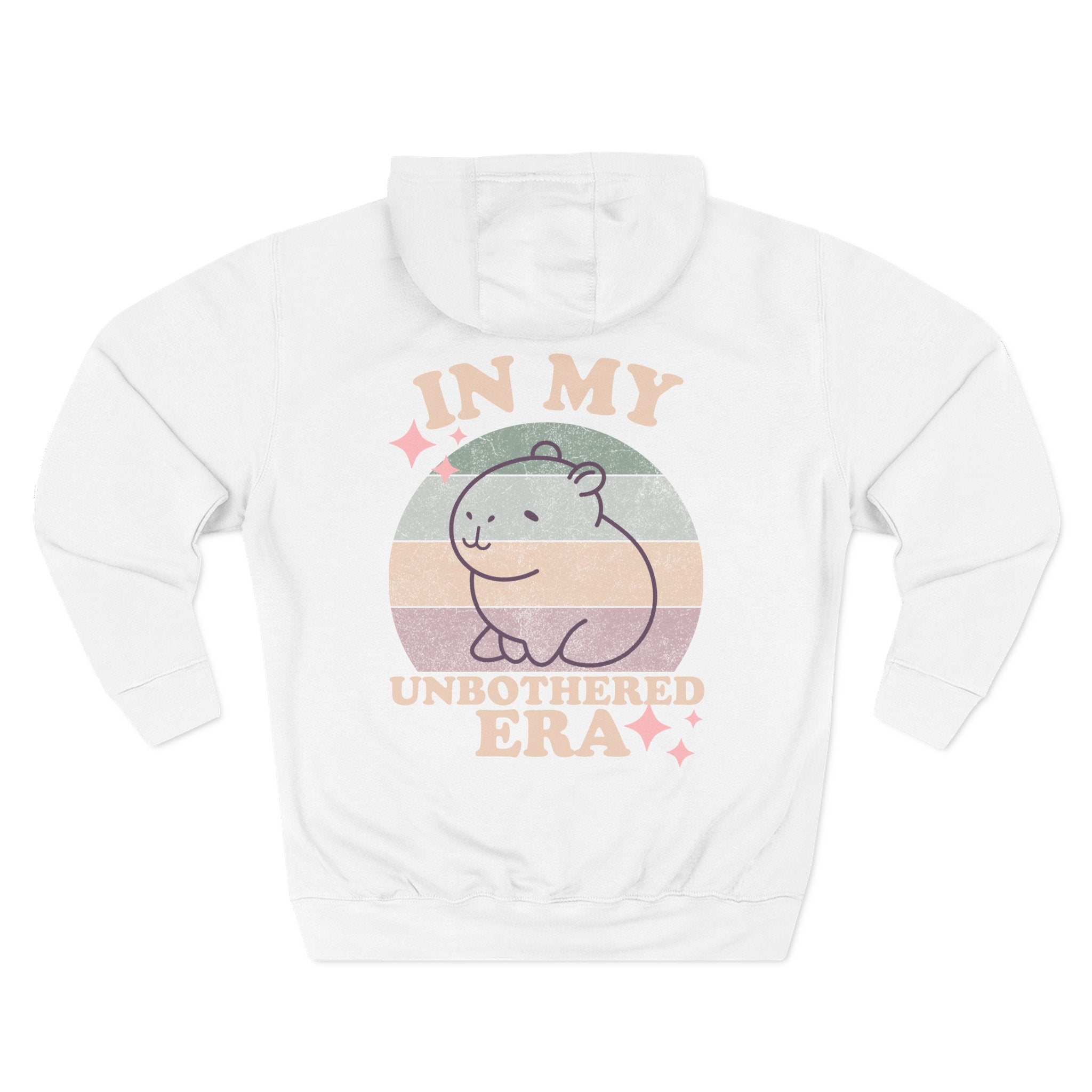 In My Unbothered Era Hoodie – Capybara Front Logo + Retro Sun Back Print – Premium Lane Seven Fleece Hoodie