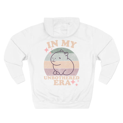 In My Unbothered Era Hoodie – Capybara Front Logo + Retro Sun Back Print – Premium Lane Seven Fleece Hoodie