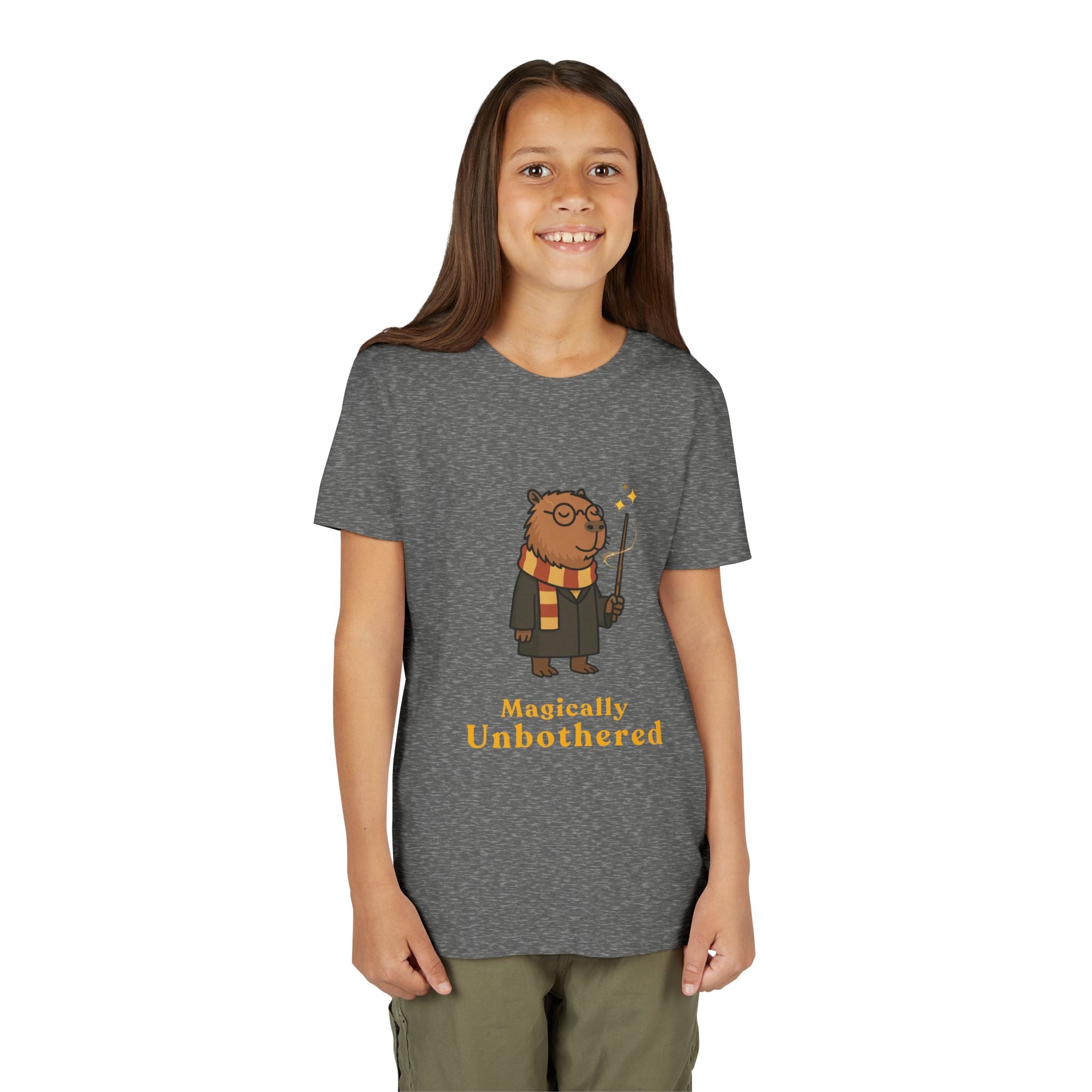 Magically Unbothered Kids Shirt | Chill Wizard Capybara Graphic Youth Tee