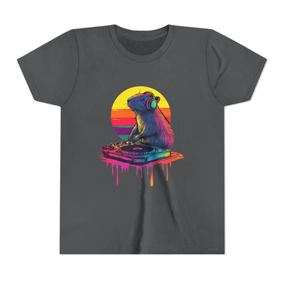Vibrant graphic on a charcoal gray unisex t-shirt depicting a capybara DJ playing vinyl records.