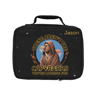 Black lunchbox with Star Wars-inspired Capybaras graphic and personalized name "Jason