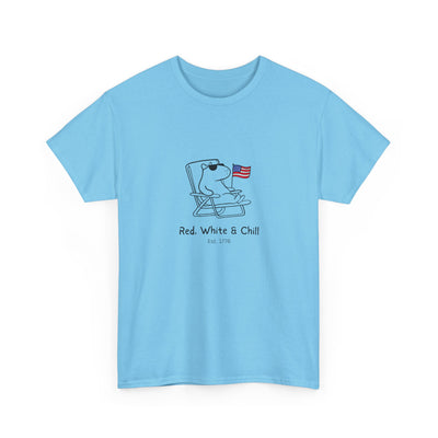 Light blue t-shirt with a graphic of a capybara in a chair and an American flag, text 'Red. White & Chill.