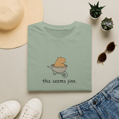 Folded green tshirt with a capybara in a wheelbarrow and the humorous text "this seems fine." on a light surface with accessories.