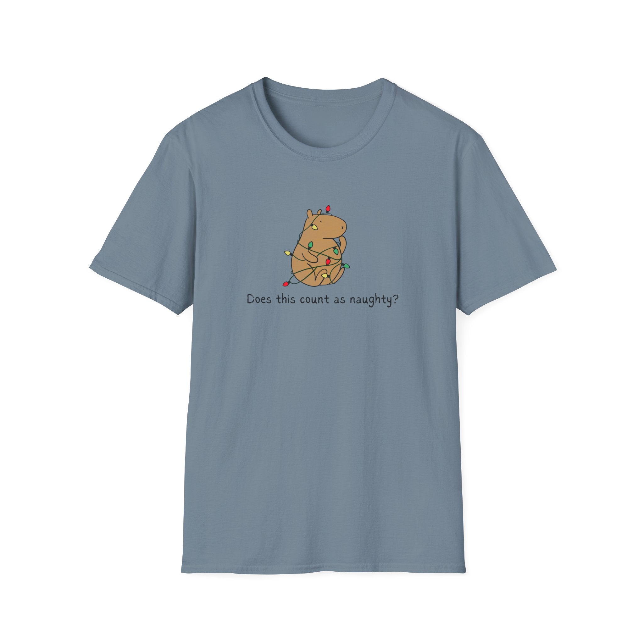 Blue t-shirt with a capybara tangled in christmas lights and the humorous phrase "Does this count as naughty?"