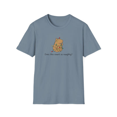 Blue t-shirt with a capybara tangled in christmas lights and the humorous phrase "Does this count as naughty?"
