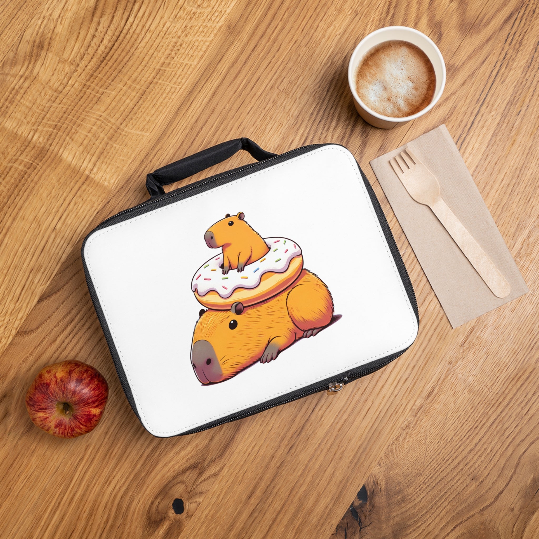 Personalized Kids Lunchbox – Cute Capybara Donut Stack Comic Design – Custom Name Option – Funny Animal Lunch Bag for Boys and Girls