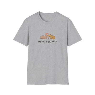 Gray t-shirt with a pelican attempting to eat a capybara and the humorous text "peli-can you not?" on it 
