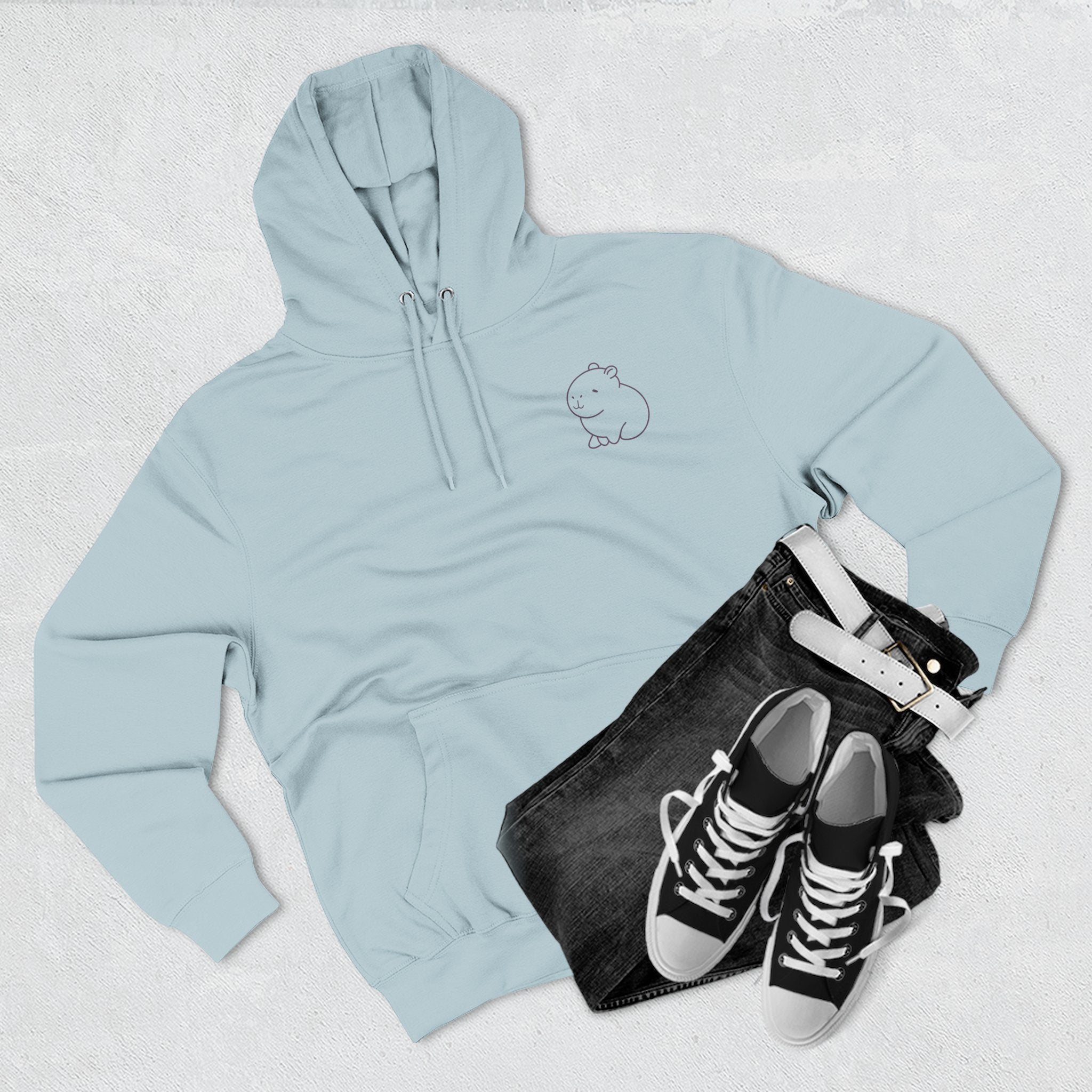 In My Unbothered Era Hoodie – Capybara Front Logo + Retro Sun Back Print – Premium Lane Seven Fleece Hoodie