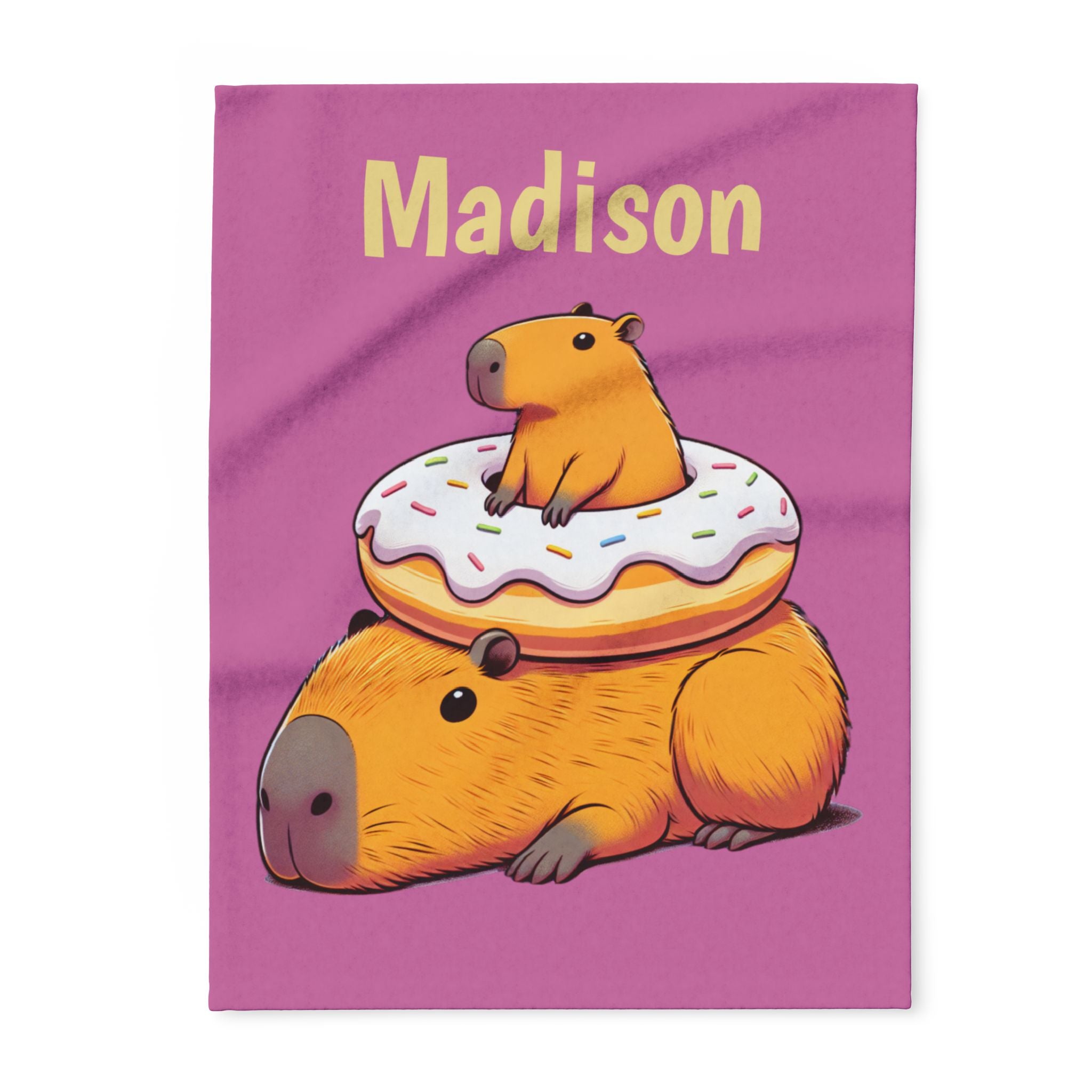 Personalized Capybara Blanket | Custom Name Kids Blanket with Donut & Baby Capybara