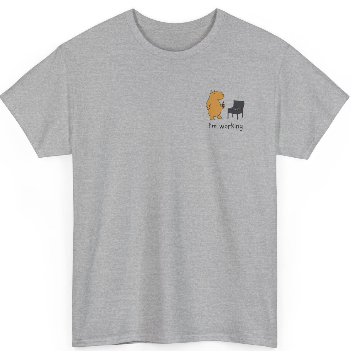 Gray t-shirt with a small capybara grilling with humorous text graphic on a white background