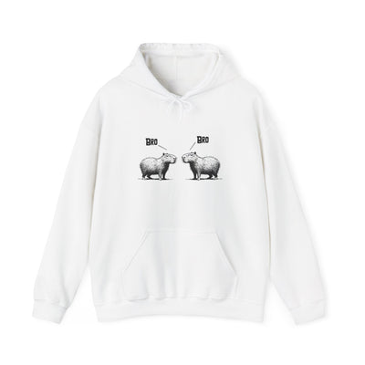 White adult hoodie with black and white graphic print of two capybaras facing each other with "Bro Bro" text.