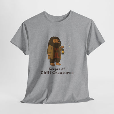 Gray t-shirt featuring an illustrated character holding a lantern, with text "Keeper of Chill Creatures" below.