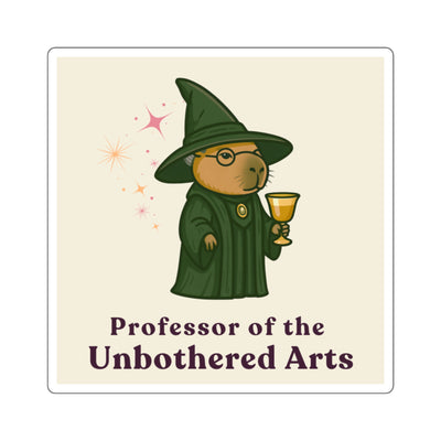 Whimsical illustration of a capybara wizard in a green robe, holding a magical drink, with "Professor of the Unbothered Arts" text.