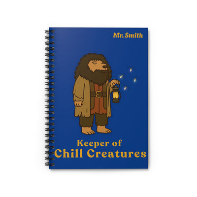 Notebook with illustration of a bearded, rugged man holding a lantern, titled "Keeper of Chill Creatures" with personalized name "Mr. Smith" in yellow text against a blue background.