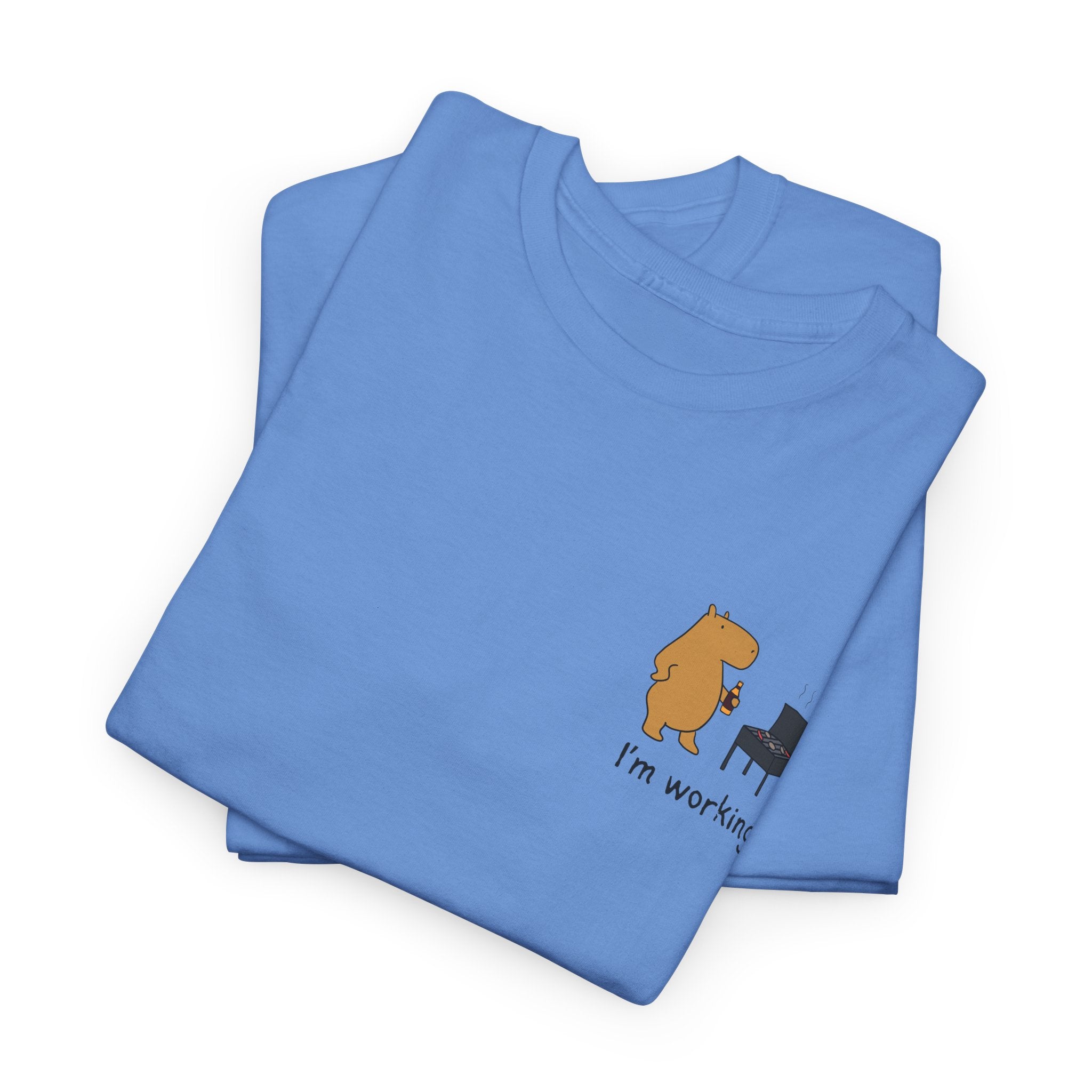 "I'm working"- Funny Grilling Capybara Left Logo Heavy Tee