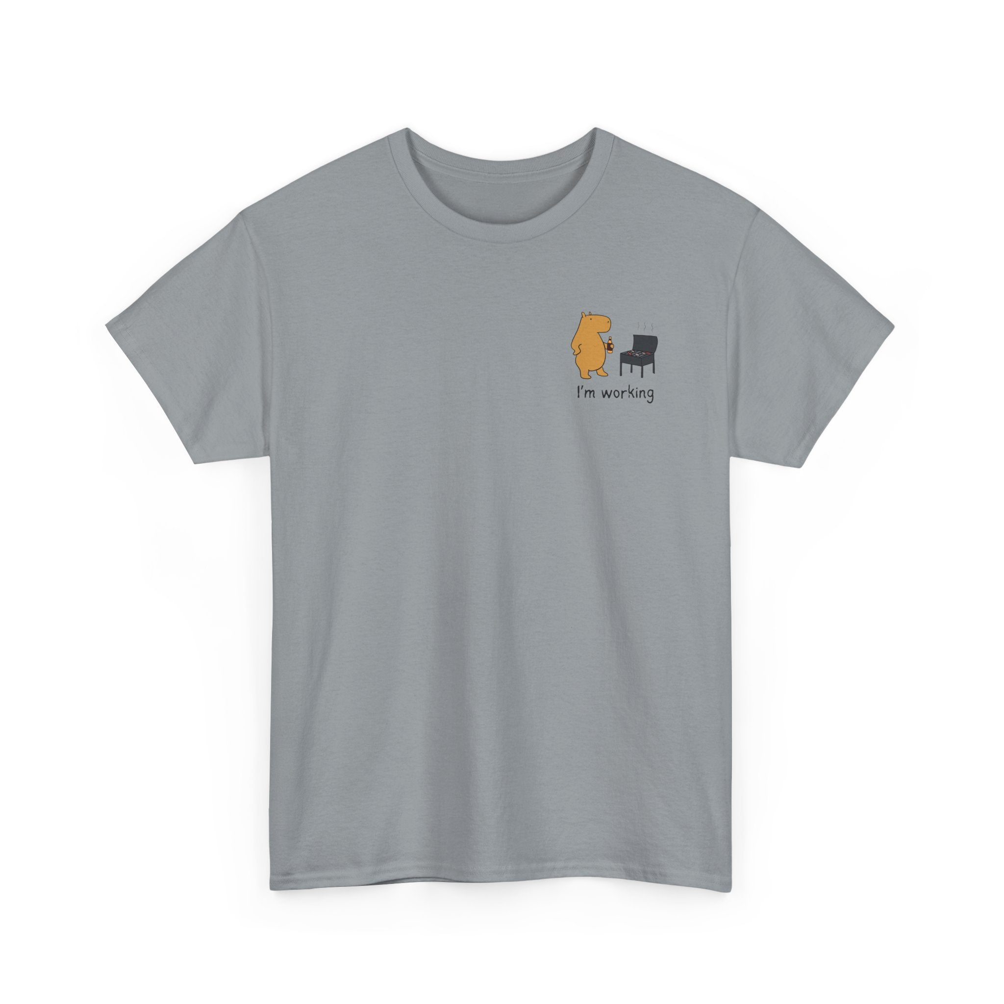 "I'm working"- Funny Grilling Capybara Left Logo Heavy Tee