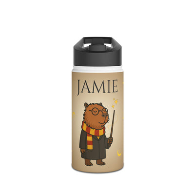 Personalized water bottle featuring a cartoon capybara dressed as a wizard, with text "Jamie" on the side.