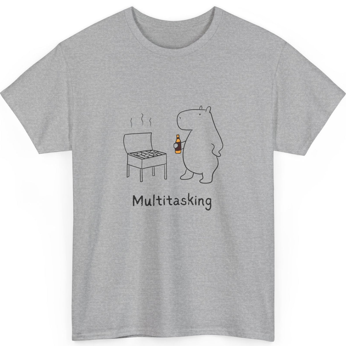Gray t-shirt with a graphic of a capybara grilling and enjoying a beer and the word 'Multitasking' on a white background