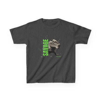 Black t-shirt with graphic of a capybara animal and "SAVAGE" text with city name customization