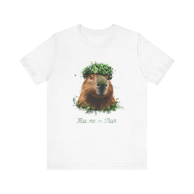 White t-shirt with an illustration of a capybara wearing a clover crown and the text "Kiss me I'm Trish