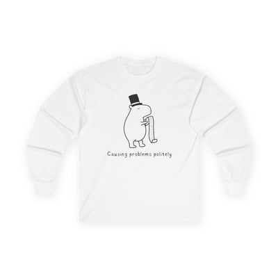 White long-sleeved T-shirt with a simple black-and-white illustration of a capybara wearing a top hat and text "Causing problems politely".