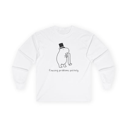 Funny Minimalist Long Sleeve Tee - Capybara Causing Problems Politely