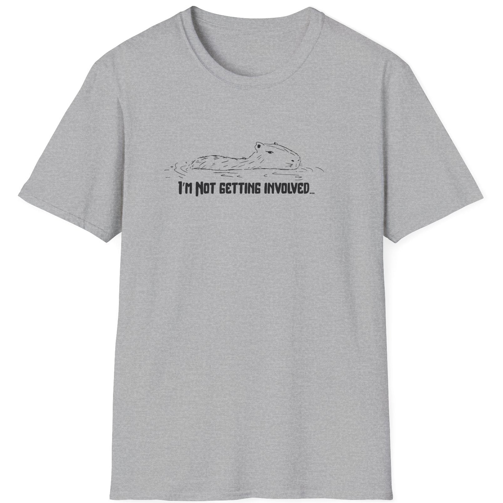 Gray t-shirt with a capybara in water saying "I'm not getting involved" graphic design on a white background