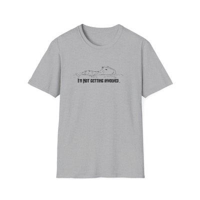 Gray t-shirt with a capybara in water saying "I'm not getting involved" graphic design on a white background