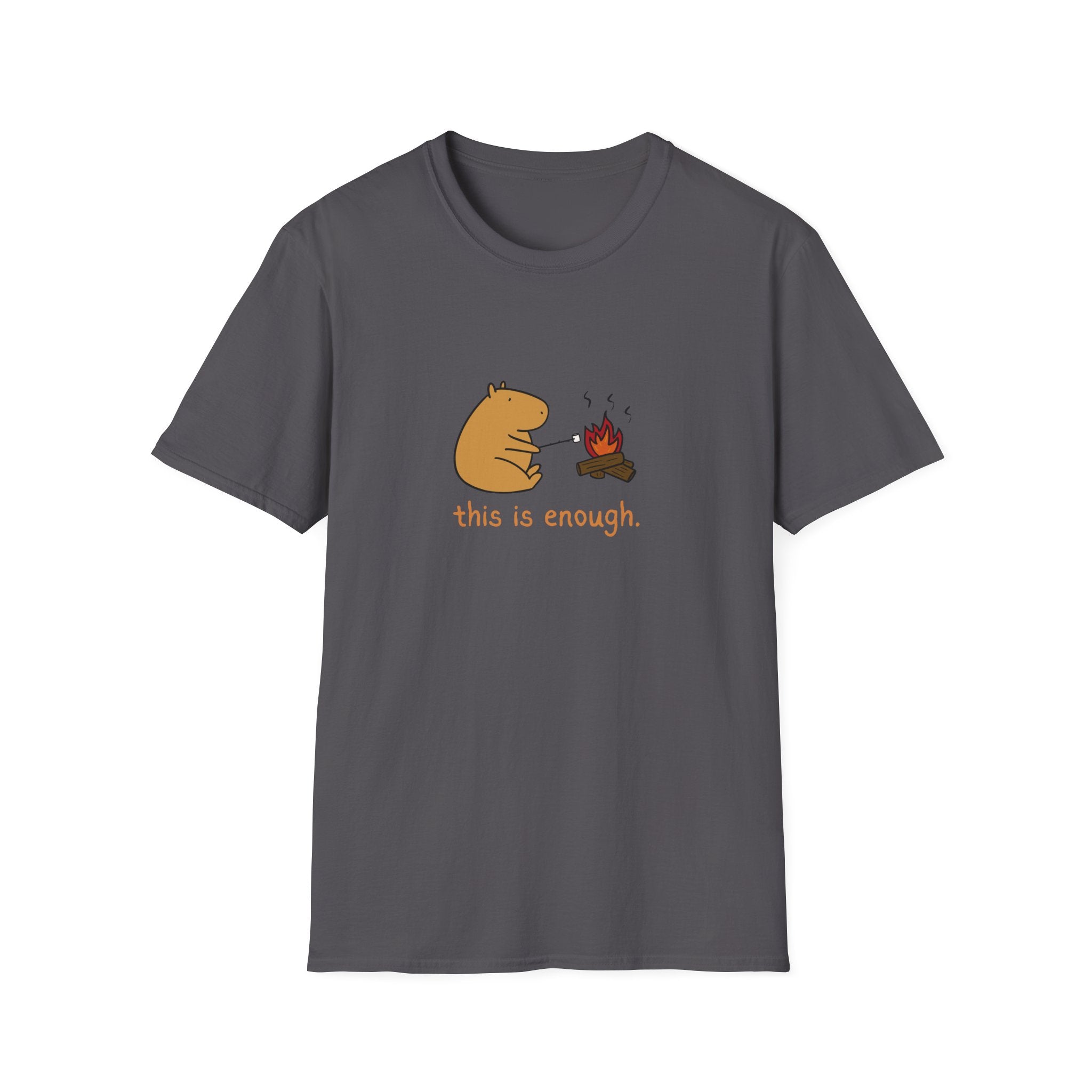 Gray t-shirt with a capybara and campfire graphic and text 'this is enough' on a white background