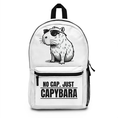 White backpack with a capybara graphic and text "No cap. Just Capybara" in black and white color scheme.