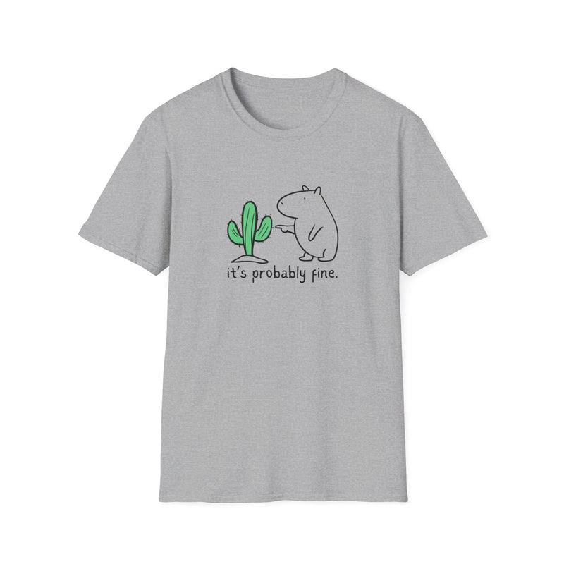 Funny gray t-shirt with a graphic of a capybara touching a cactus and text 'it's probably fine' on a white background