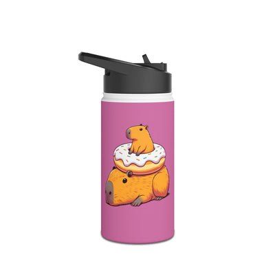 Reusable water bottle with a cute capybara lounging on a donut, surrounded by a pink background and black cap.