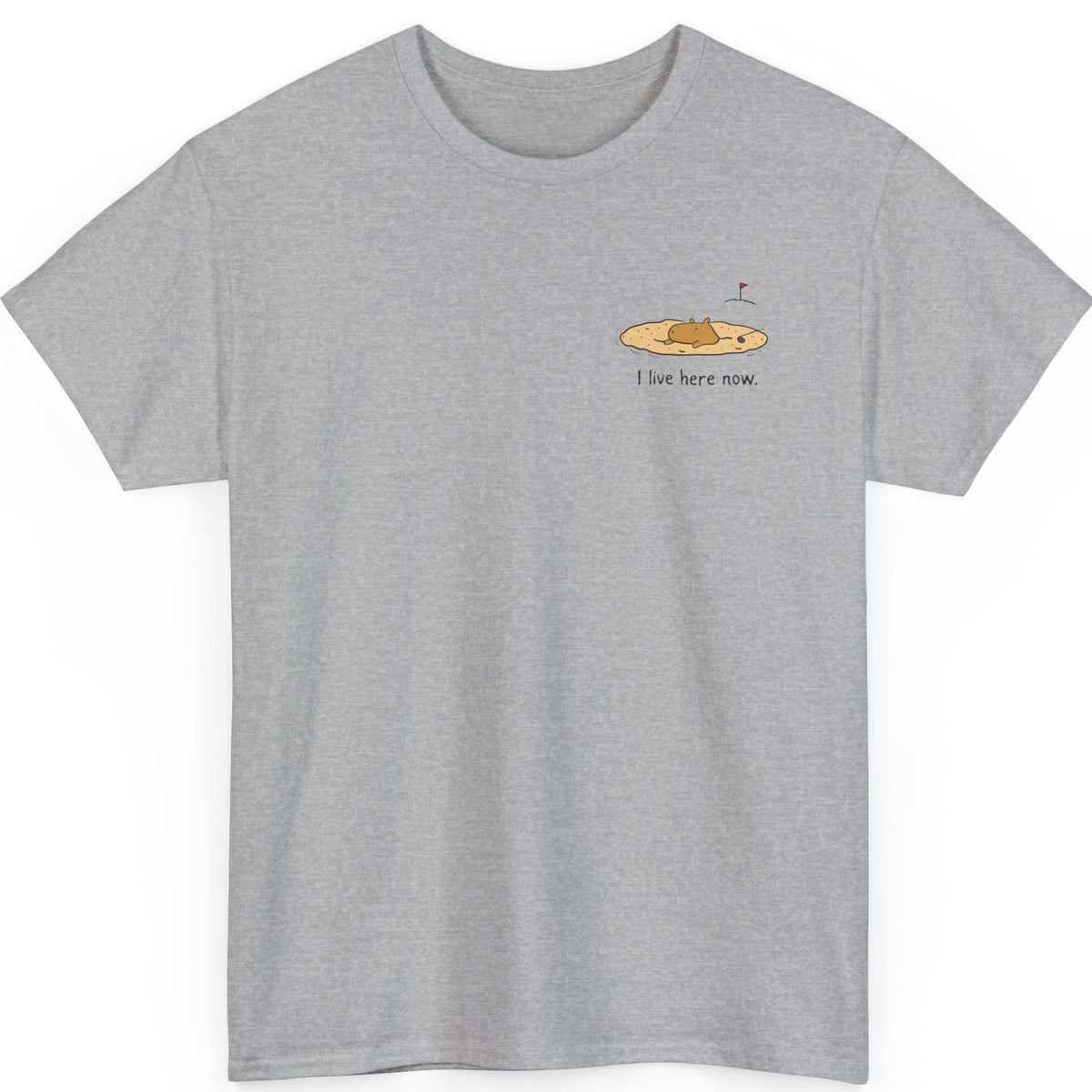 Gray t-shirt with a small capybara golfing in a sandtrap and humorous text on a white background