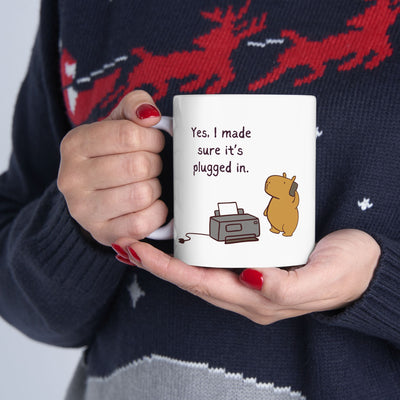 Funny IT Capybara Coffee Mug – “Yes, I Made Sure It’s Plugged In” Mug