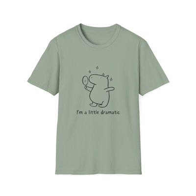 Capy Life sage green softstyle cotton t-shirt featuring a minimalist line drawing of a capybara holding a mirror.