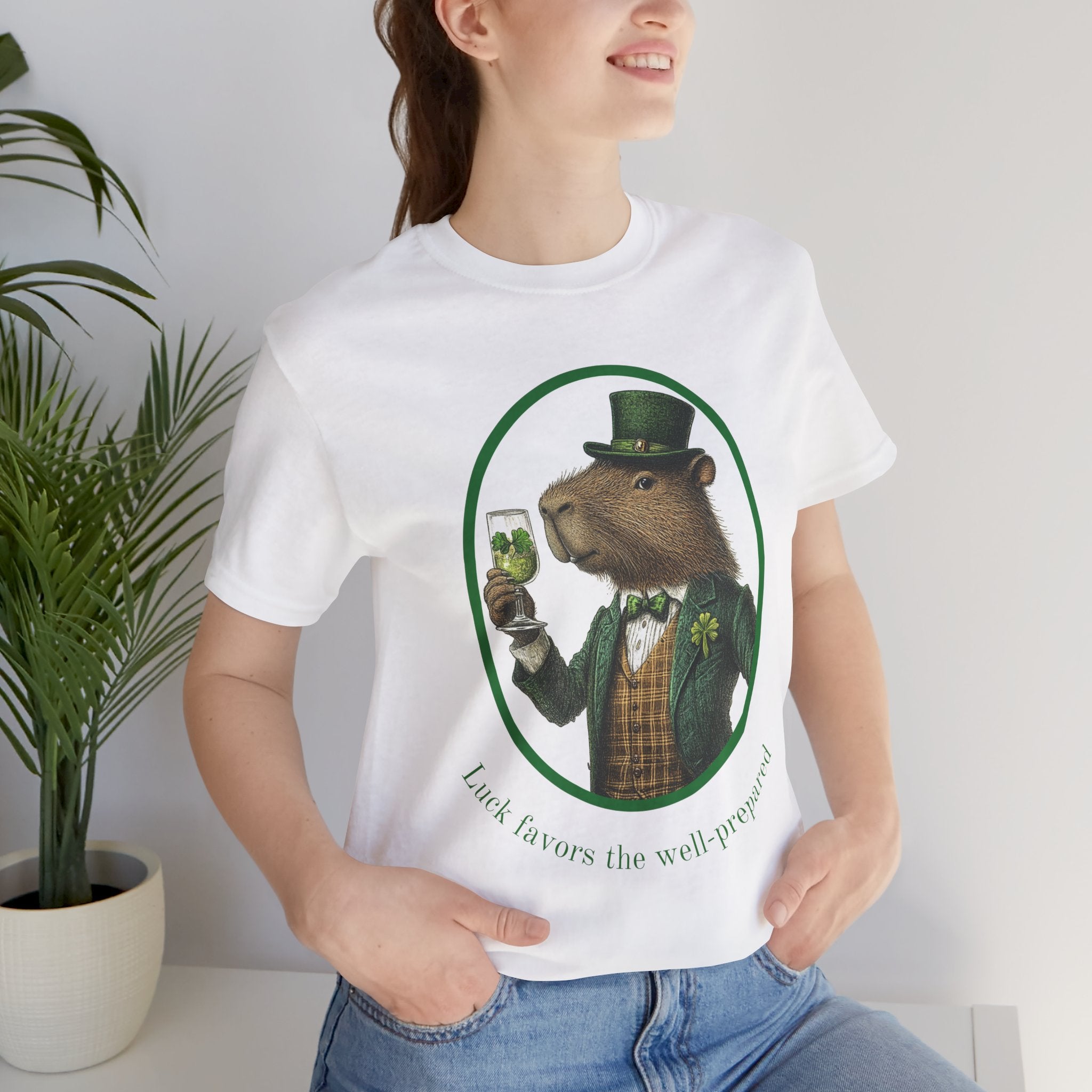 St Patrick's Day Luck Favors the Well Prepared Tee -  Distinguished Capybara Unisex Jersey Short Sleeve Shirt