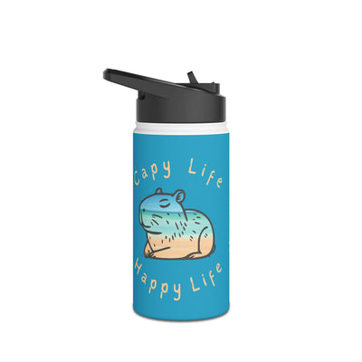 Teal water bottle with illustration of a capybara and text "Capy Life Happy Life" in white and yellow text.